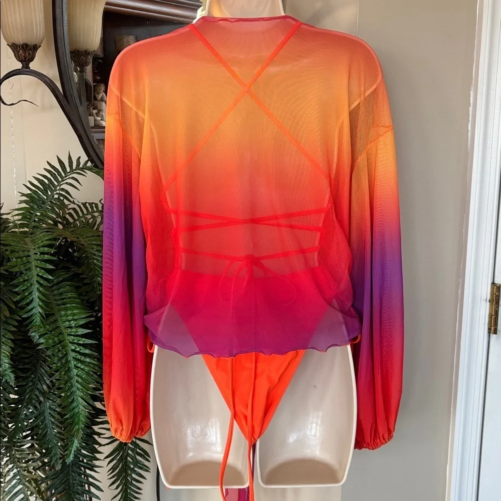 NWOT Orange Plunge One Piece Tie Back Swimsuit w/ Long Sleeve Ombre Mesh CoverUp